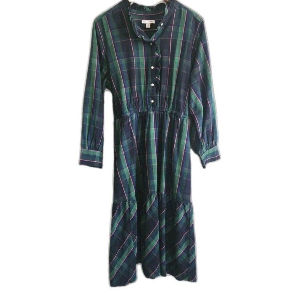 Free Assembly Plaid Ruffle Neck Midi Dress XL Green Blue Pink Belted